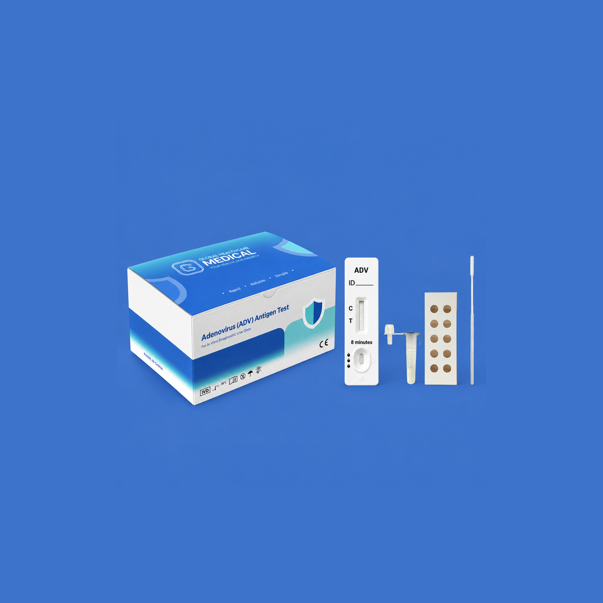 Global Healthcare Medical GHM Adenovirus Antigen Rapid Test US - Colloidal gold immunochromatography kit for qualitative detection of adenovirus antigen in nasal or nasopharyngeal swab specimens with 8-minute results, 96.2% sensitivity and 98.9% specificity, CE marked and ISO 13485 certified for professional point-of-care use