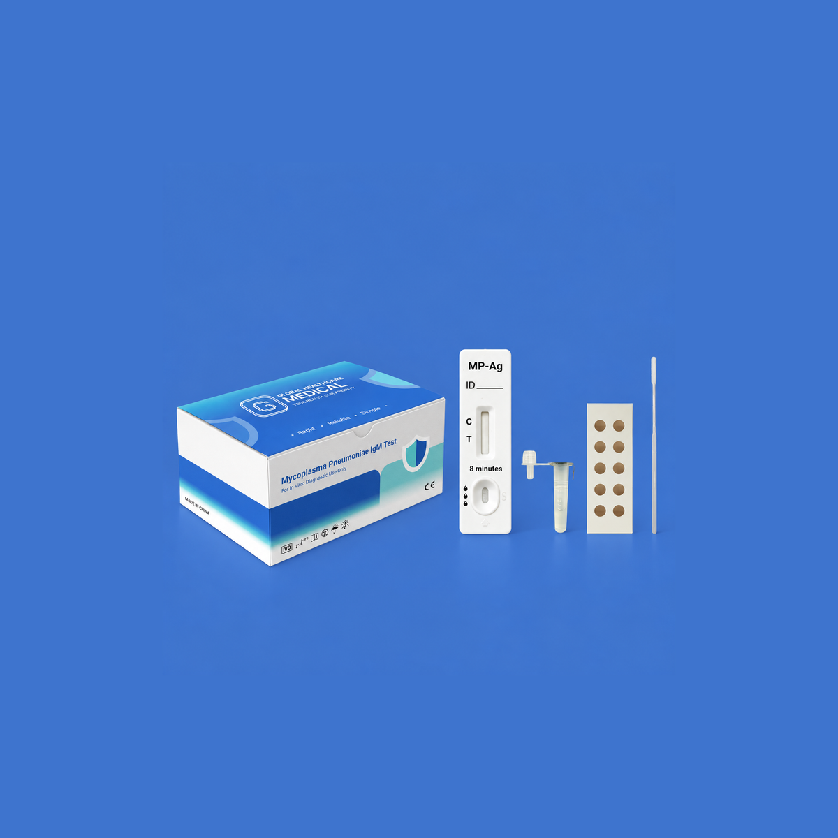 Global Healthcare Medical GHM Mycoplasma pneumoniae Antigen Rapid Test US - Colloidal gold immunochromatography kit for qualitative detection of Mycoplasma pneumoniae antigen in throat swab specimens with 15-minute results, 96.6% sensitivity and 97.7% specificity, CE marked and ISO 13485 certified for professional point-of-care use