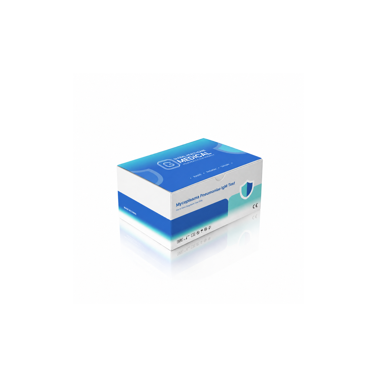 Global Healthcare Medical GHM Mycoplasma Pneumoniae IgM Rapid Test US - Colloidal gold immunochromatography kit for qualitative detection of Mycoplasma pneumoniae IgM antibodies in whole blood, serum, or plasma specimens with 10-minute results, 98.33% sensitivity and 98.91% specificity, CE marked and ISO 13485 certified for professional point-of-care use
