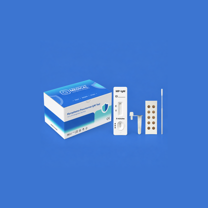 Global Healthcare Medical GHM Mycoplasma Pneumoniae IgM Rapid Test US - Colloidal gold immunochromatography kit for qualitative detection of Mycoplasma pneumoniae IgM antibodies in whole blood, serum, or plasma specimens with 10-minute results, 98.33% sensitivity and 98.91% specificity, CE marked and ISO 13485 certified for professional point-of-care use