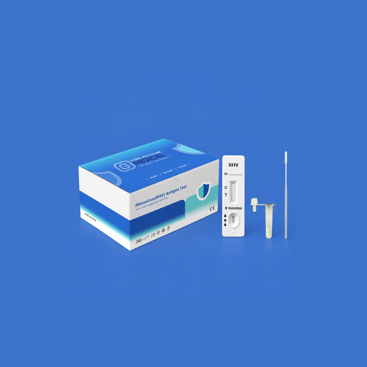 Global Healthcare Medical GHM Rhinovirus (RHV) Antigen Rapid Test US - Colloidal gold immunochromatography kit for qualitative detection of rhinovirus antigen in nasopharyngeal swab specimens with 15-minute results, 92.31% sensitivity and 95.05% specificity, CE marked and ISO 13485 certified for professional point-of-care use