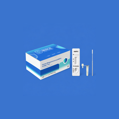 Global Healthcare Medical GHM Human Metapneumovirus (HMPV) Antigen Rapid Test US - Colloidal gold immunochromatography kit for qualitative detection of HMPV nucleocapsid protein antigen in nasal or nasopharyngeal swab specimens with 8-minute results, 92.0% sensitivity and 100% specificity, CE marked and ISO 13485 certified for professional point-of-care use