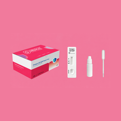 Global Healthcare Medical GHM Dengue IgG/IgM Rapid Test US - Colloidal gold immunochromatography kit for qualitative detection of dengue virus IgG and IgM antibodies in whole blood, serum, or plasma specimens with 15-minute results, 98.21% sensitivity and 99.18% specificity for IgM, CE marked and ISO 13485 certified for professional point-of-care use