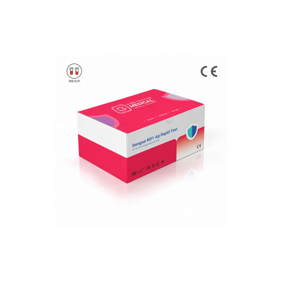 Global Healthcare Medical GHM Dengue NS1 Antigen Rapid Test US - Colloidal gold immunochromatography kit for qualitative detection of dengue virus NS1 antigen in whole blood, serum, or plasma specimens with 10-minute results, 97.4% sensitivity and 100% specificity, CE marked and ISO 13485 certified for professional point-of-care use