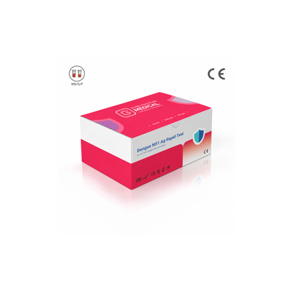 Global Healthcare Medical GHM Dengue NS1 Antigen Rapid Test US - Colloidal gold immunochromatography kit for qualitative detection of dengue virus NS1 antigen in whole blood, serum, or plasma specimens with 10-minute results, 97.4% sensitivity and 100% specificity, CE marked and ISO 13485 certified for professional point-of-care use