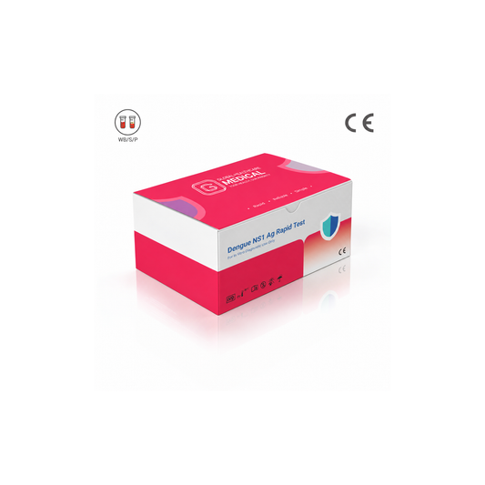 Global Healthcare Medical GHM Dengue NS1 Antigen Rapid Test US - Colloidal gold immunochromatography kit for qualitative detection of dengue virus NS1 antigen in whole blood, serum, or plasma specimens with 10-minute results, 97.4% sensitivity and 100% specificity, CE marked and ISO 13485 certified for professional point-of-care use