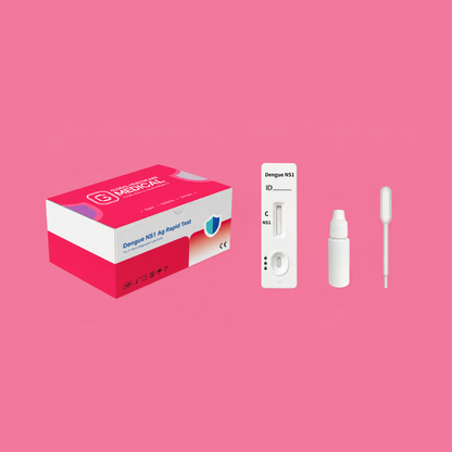 Global Healthcare Medical GHM Dengue NS1 Antigen Rapid Test US - Colloidal gold immunochromatography kit for qualitative detection of dengue virus NS1 antigen in whole blood, serum, or plasma specimens with 10-minute results, 97.4% sensitivity and 100% specificity, CE marked and ISO 13485 certified for professional point-of-care use