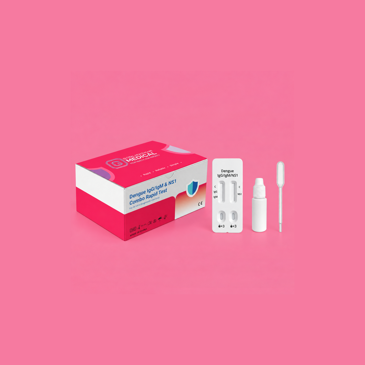 dengue NS1 IgG IgM combo rapid test, dengue combo rapid test kit, dengue 3-in-1 rapid test, GHM Dengue NS1 IgG IgM Combo Rapid Test US, Global Healthcare Medical, colloidal gold immunochromatography, 15 minute dengue combo test, whole blood serum plasma dengue test