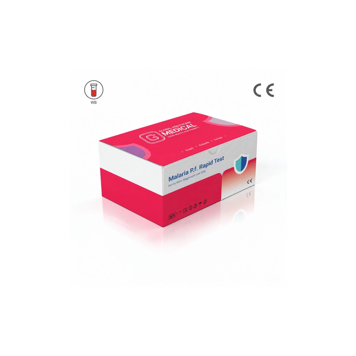 Global Healthcare Medical GHM Malaria P.f. Antigen Rapid Test US - Colloidal gold immunochromatography kit for qualitative detection of Plasmodium falciparum HRP-II antigen in whole blood specimens with 10-minute results, 95.92% sensitivity and >99.99% specificity, CE marked and ISO 13485 certified for professional point-of-care use