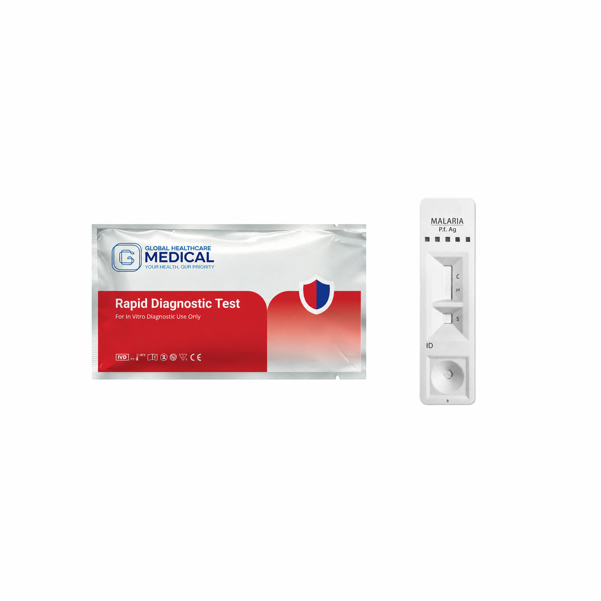 Global Healthcare Medical GHM Malaria P.f. Antigen Rapid Test US - Colloidal gold immunochromatography kit for qualitative detection of Plasmodium falciparum HRP-II antigen in whole blood specimens with 10-minute results, 95.92% sensitivity and >99.99% specificity, CE marked and ISO 13485 certified for professional point-of-care use