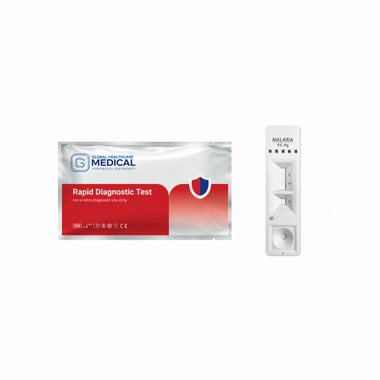 Global Healthcare Medical GHM Malaria P.f. Antigen Rapid Test US - Colloidal gold immunochromatography kit for qualitative detection of Plasmodium falciparum HRP-II antigen in whole blood specimens with 10-minute results, 95.92% sensitivity and >99.99% specificity, CE marked and ISO 13485 certified for professional point-of-care use