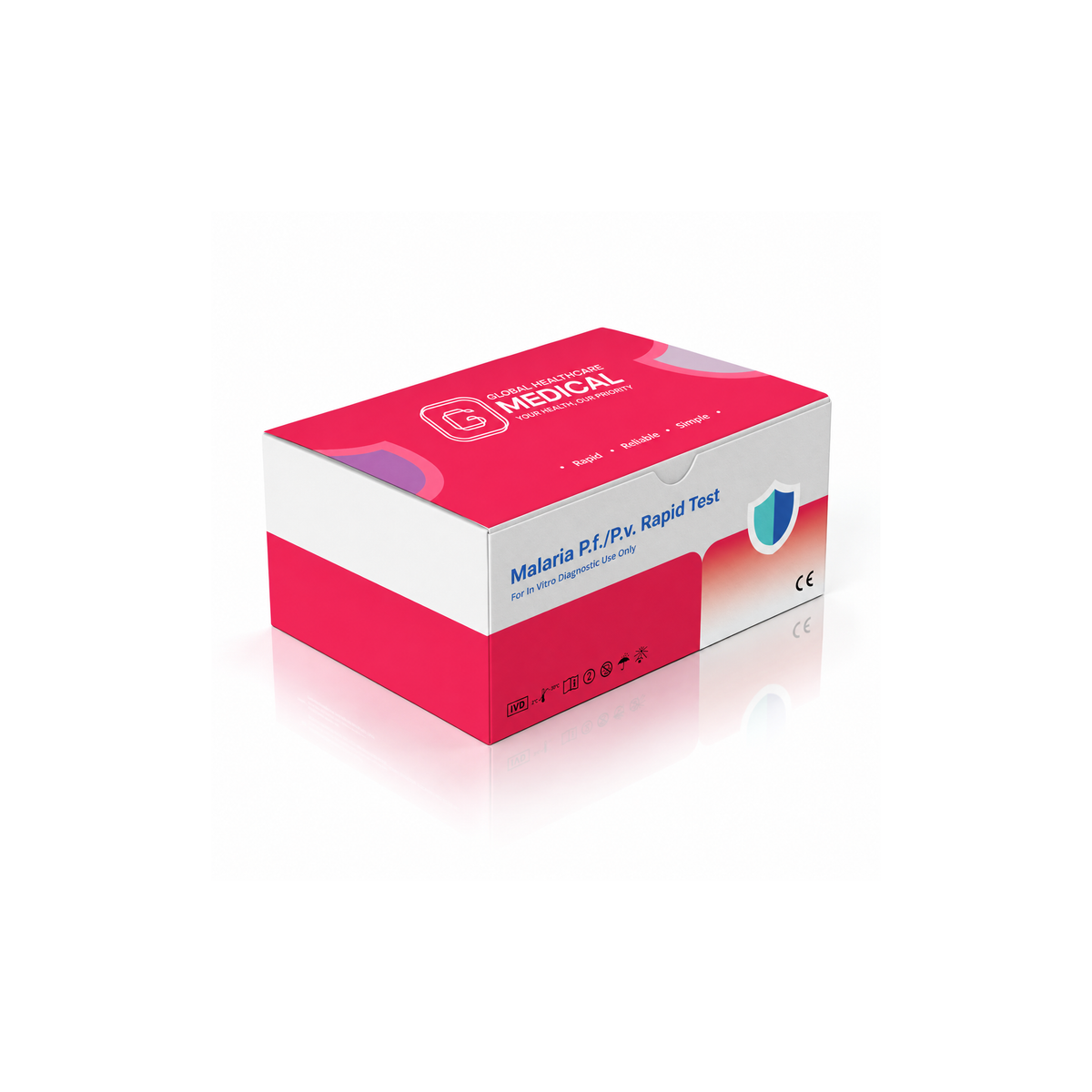 Global Healthcare Medical GHM Malaria P.f./P.v. Antigen Rapid Test US - Colloidal gold immunochromatography kit for qualitative detection and differentiation of Plasmodium falciparum HRP-II and Plasmodium vivax pLDH antigens in whole blood specimens with 10-minute results, 95.92% sensitivity for Pf and 97.62% sensitivity for Pv, CE marked and ISO 13485 certified for professional point-of-care use
