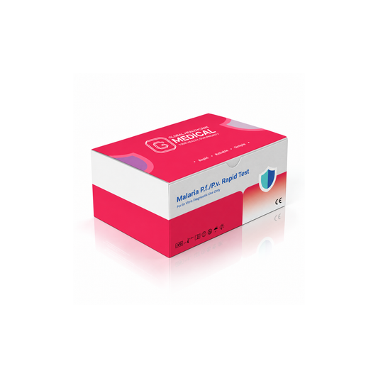 Global Healthcare Medical GHM Malaria P.f./P.v. Antigen Rapid Test US - Colloidal gold immunochromatography kit for qualitative detection and differentiation of Plasmodium falciparum HRP-II and Plasmodium vivax pLDH antigens in whole blood specimens with 10-minute results, 95.92% sensitivity for Pf and 97.62% sensitivity for Pv, CE marked and ISO 13485 certified for professional point-of-care use