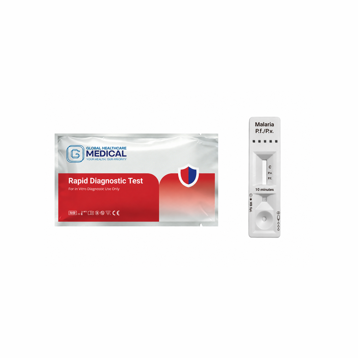 Global Healthcare Medical GHM Malaria P.f./P.v. Antigen Rapid Test US - Colloidal gold immunochromatography kit for qualitative detection and differentiation of Plasmodium falciparum HRP-II and Plasmodium vivax pLDH antigens in whole blood specimens with 10-minute results, 95.92% sensitivity for Pf and 97.62% sensitivity for Pv, CE marked and ISO 13485 certified for professional point-of-care use