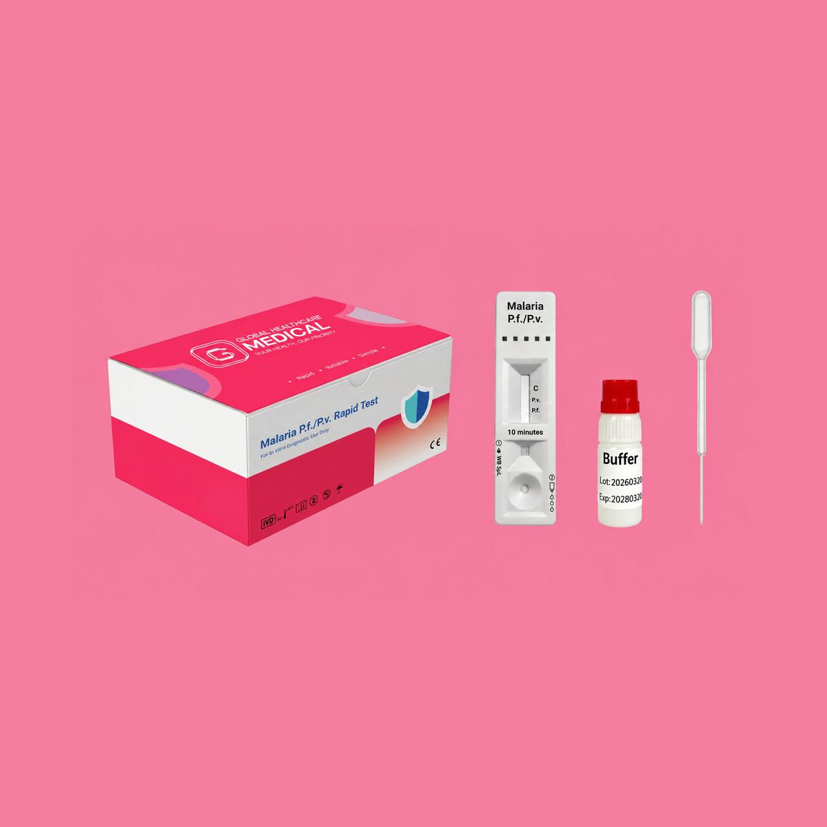 Global Healthcare Medical GHM Malaria P.f./P.v. Antigen Rapid Test US - Colloidal gold immunochromatography kit for qualitative detection and differentiation of Plasmodium falciparum HRP-II and Plasmodium vivax pLDH antigens in whole blood specimens with 10-minute results, 95.92% sensitivity for Pf and 97.62% sensitivity for Pv, CE marked and ISO 13485 certified for professional point-of-care use