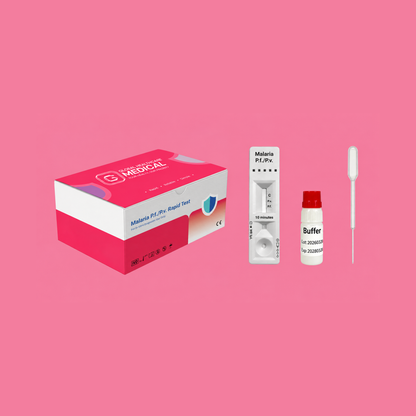 Global Healthcare Medical GHM Malaria P.f./P.v. Antigen Rapid Test US - Colloidal gold immunochromatography kit for qualitative detection and differentiation of Plasmodium falciparum HRP-II and Plasmodium vivax pLDH antigens in whole blood specimens with 10-minute results, 95.92% sensitivity for Pf and 97.62% sensitivity for Pv, CE marked and ISO 13485 certified for professional point-of-care use