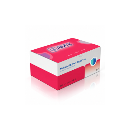 Global Healthcare Medical GHM Malaria P.f./Pan Antigen Rapid Test US - Colloidal gold immunochromatography kit for qualitative detection and differentiation of Plasmodium falciparum HRP-II and pan-Plasmodium pLDH antigens in whole blood specimens with 10-minute results, 95.92% sensitivity for Pf and 97.62% sensitivity for Pan, CE marked and ISO 13485 certified for professional point-of-care use