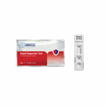 Global Healthcare Medical GHM Malaria P.f./Pan Antigen Rapid Test US - Colloidal gold immunochromatography kit for qualitative detection and differentiation of Plasmodium falciparum HRP-II and pan-Plasmodium pLDH antigens in whole blood specimens with 10-minute results, 95.92% sensitivity for Pf and 97.62% sensitivity for Pan, CE marked and ISO 13485 certified for professional point-of-care use