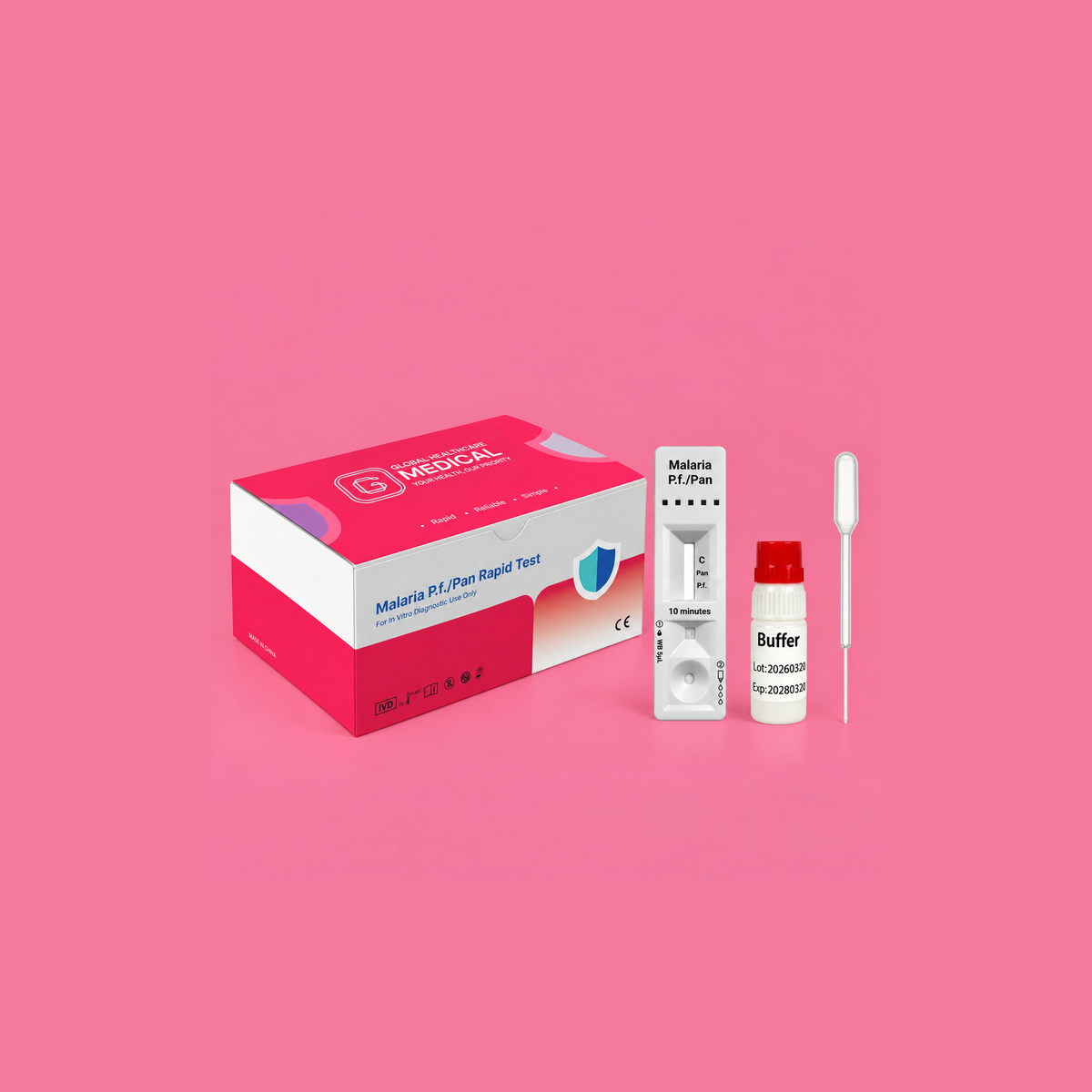 Global Healthcare Medical GHM Malaria P.f./Pan Antigen Rapid Test US - Colloidal gold immunochromatography kit for qualitative detection and differentiation of Plasmodium falciparum HRP-II and pan-Plasmodium pLDH antigens in whole blood specimens with 10-minute results, 95.92% sensitivity for Pf and 97.62% sensitivity for Pan, CE marked and ISO 13485 certified for professional point-of-care use