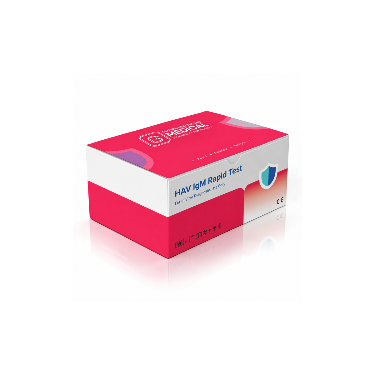 Global Healthcare Medical GHM HAV IgM Rapid Test US - Colloidal gold immunochromatography kit for qualitative detection of hepatitis A virus IgM antibodies in whole blood, serum, or plasma specimens with 15-minute results, 95.7% sensitivity and 99.1% specificity, CE marked and ISO 13485 certified for professional point-of-care use