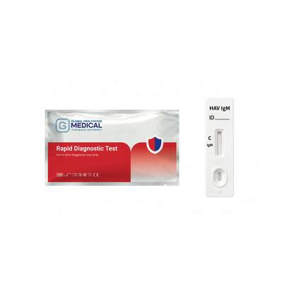 Global Healthcare Medical GHM HAV IgM Rapid Test US - Colloidal gold immunochromatography kit for qualitative detection of hepatitis A virus IgM antibodies in whole blood, serum, or plasma specimens with 15-minute results, 95.7% sensitivity and 99.1% specificity, CE marked and ISO 13485 certified for professional point-of-care use