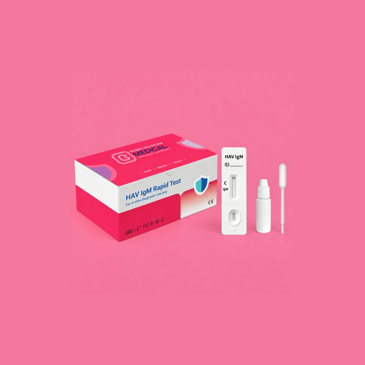 Global Healthcare Medical GHM HAV IgM Rapid Test US - Colloidal gold immunochromatography kit for qualitative detection of hepatitis A virus IgM antibodies in whole blood, serum, or plasma specimens with 15-minute results, 95.7% sensitivity and 99.1% specificity, CE marked and ISO 13485 certified for professional point-of-care use