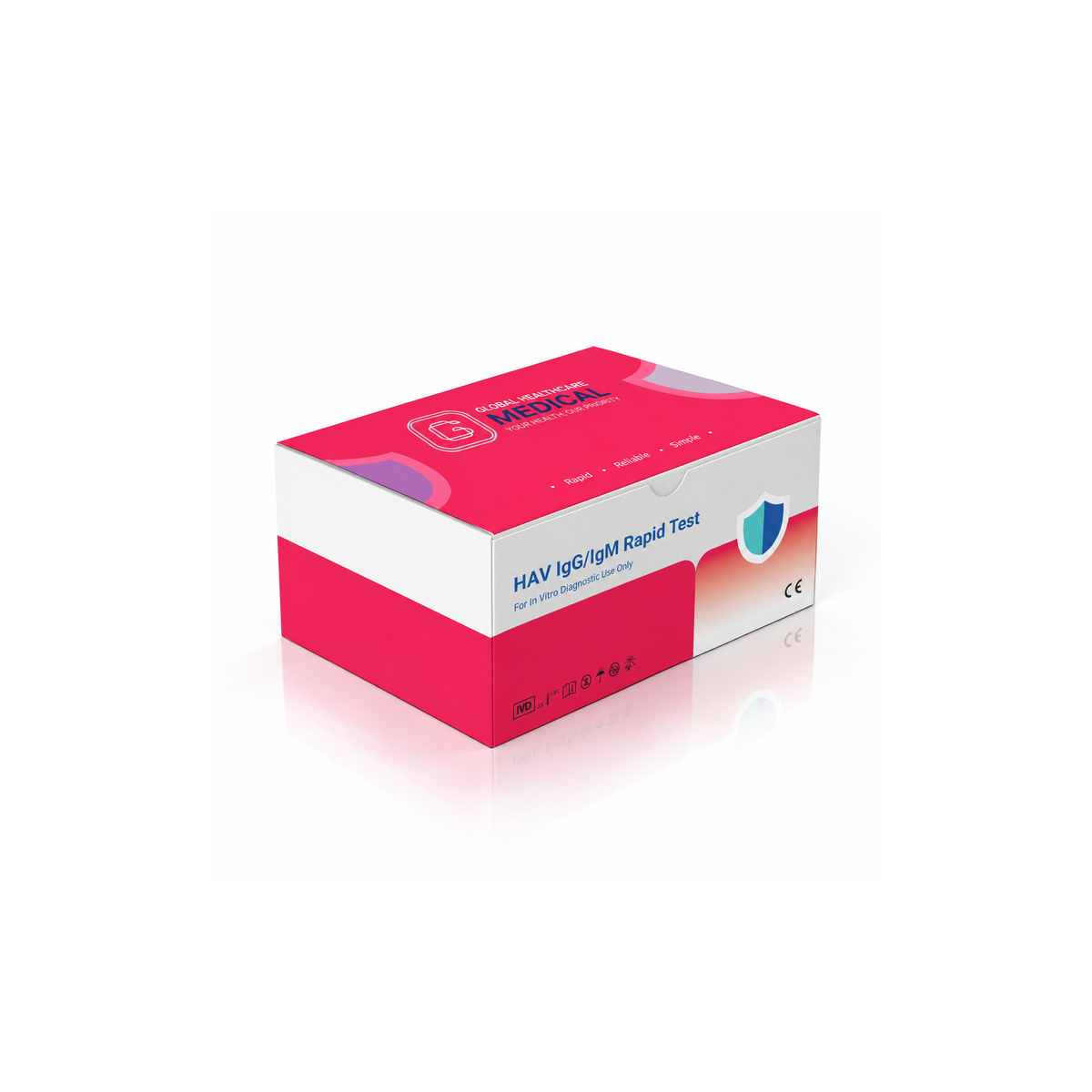 Global Healthcare Medical GHM HAV IgG/IgM Rapid Test US - Colloidal gold immunochromatography kit for qualitative detection and differentiation of hepatitis A virus IgG and IgM antibodies in whole blood, serum, or plasma specimens with 15-minute results, 97.9% sensitivity for IgG and 95.7% sensitivity for IgM, CE marked and ISO 13485 certified for professional point-of-care use
