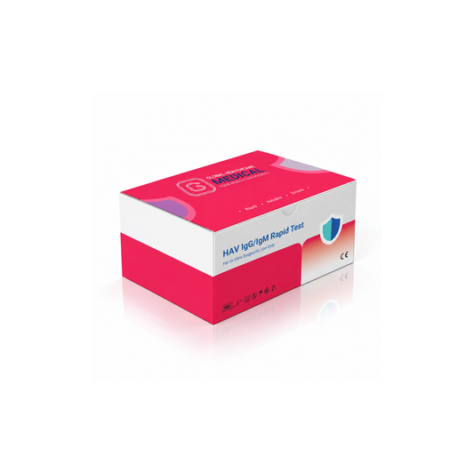Global Healthcare Medical GHM HAV IgG/IgM Rapid Test US - Colloidal gold immunochromatography kit for qualitative detection and differentiation of hepatitis A virus IgG and IgM antibodies in whole blood, serum, or plasma specimens with 15-minute results, 97.9% sensitivity for IgG and 95.7% sensitivity for IgM, CE marked and ISO 13485 certified for professional point-of-care use