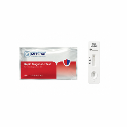 Global Healthcare Medical GHM HAV IgG/IgM Rapid Test US - Colloidal gold immunochromatography kit for qualitative detection and differentiation of hepatitis A virus IgG and IgM antibodies in whole blood, serum, or plasma specimens with 15-minute results, 97.9% sensitivity for IgG and 95.7% sensitivity for IgM, CE marked and ISO 13485 certified for professional point-of-care use
