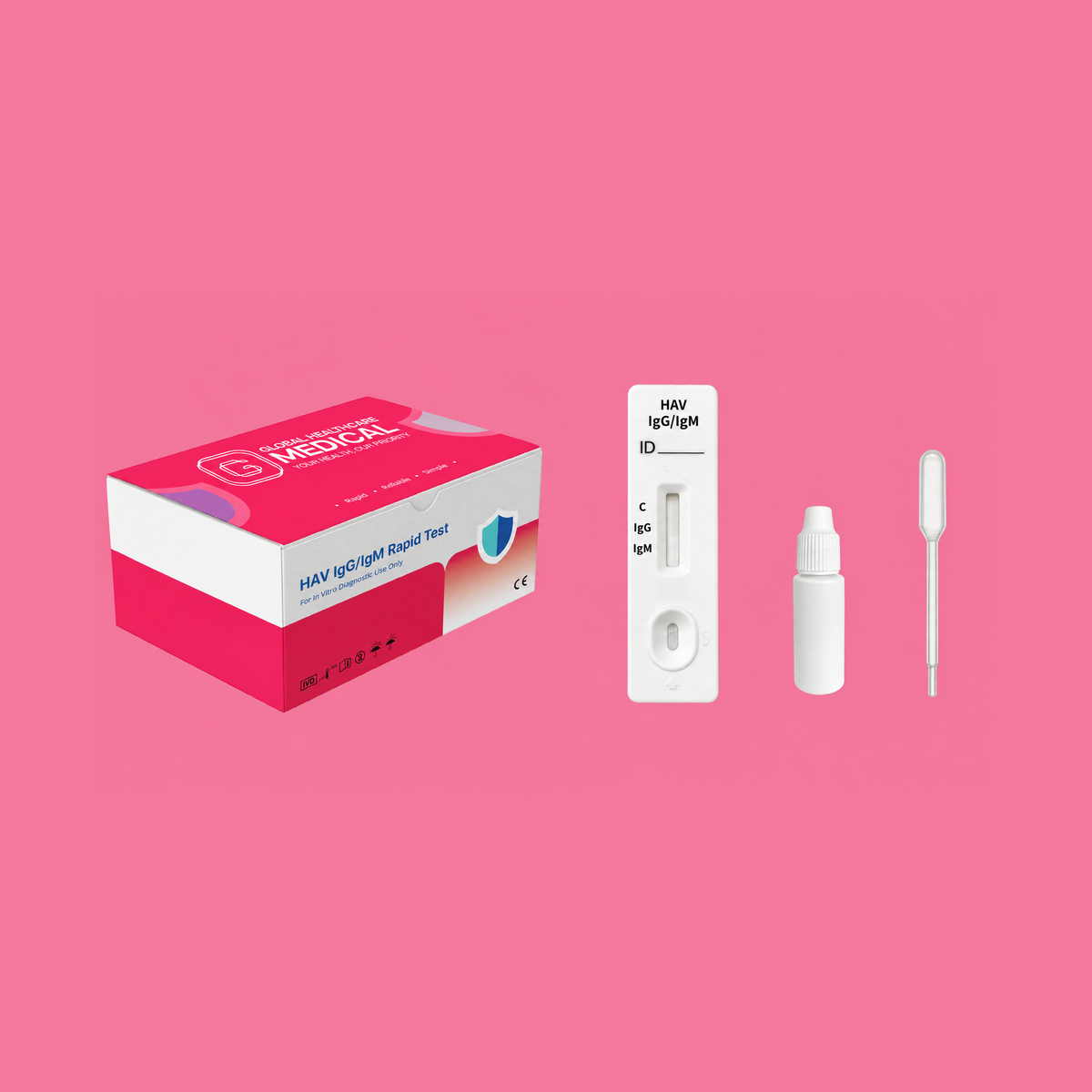 Global Healthcare Medical GHM HAV IgG/IgM Rapid Test US - Colloidal gold immunochromatography kit for qualitative detection and differentiation of hepatitis A virus IgG and IgM antibodies in whole blood, serum, or plasma specimens with 15-minute results, 97.9% sensitivity for IgG and 95.7% sensitivity for IgM, CE marked and ISO 13485 certified for professional point-of-care use