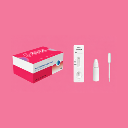 Global Healthcare Medical GHM HAV IgG/IgM Rapid Test US - Colloidal gold immunochromatography kit for qualitative detection and differentiation of hepatitis A virus IgG and IgM antibodies in whole blood, serum, or plasma specimens with 15-minute results, 97.9% sensitivity for IgG and 95.7% sensitivity for IgM, CE marked and ISO 13485 certified for professional point-of-care use