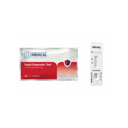 Global Healthcare Medical GHM HBsAg Antigen Rapid Test US - Colloidal gold immunochromatography kit for qualitative detection of Hepatitis B Surface Antigen (HBsAg) in whole blood, serum, or plasma specimens with 15-minute results, 99.3% sensitivity and 99.8% specificity, CE marked and ISO 13485 certified for professional point-of-care use