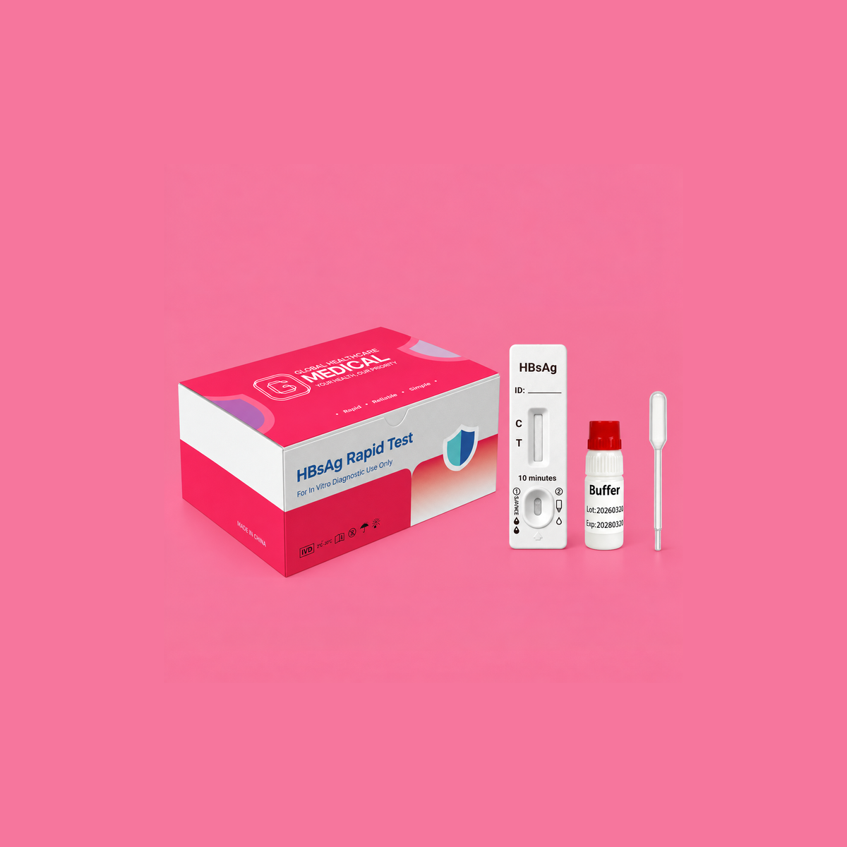 Global Healthcare Medical GHM HBsAg Antigen Rapid Test US - Colloidal gold immunochromatography kit for qualitative detection of Hepatitis B Surface Antigen (HBsAg) in whole blood, serum, or plasma specimens with 15-minute results, 99.3% sensitivity and 99.8% specificity, CE marked and ISO 13485 certified for professional point-of-care use