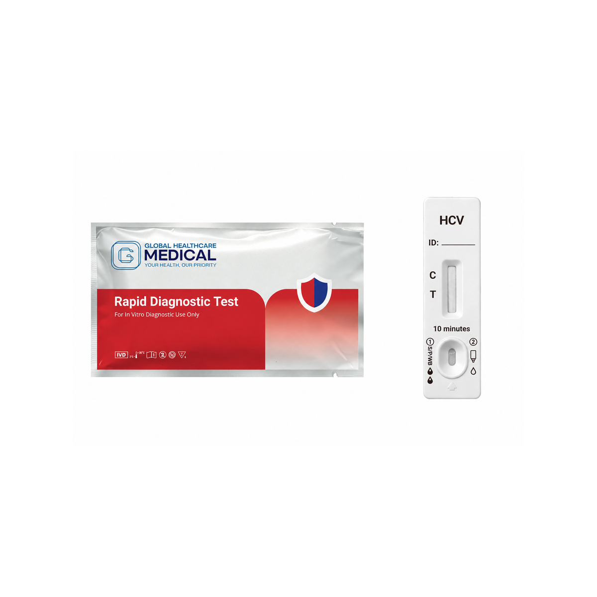 Global Healthcare Medical GHM HCV Rapid Test US - Colloidal gold immunochromatography kit for qualitative detection of hepatitis C virus antibodies in whole blood, serum, or plasma specimens with 10-minute results, 98.8% sensitivity and 99.1% specificity, CE marked and ISO 13485 certified for professional point-of-care use