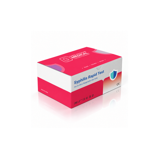 Global Healthcare Medical GHM Syphilis Rapid Test US - Colloidal gold immunochromatography kit for qualitative detection of Treponema pallidum antibodies in whole blood, serum, or plasma specimens with 10-minute results, 99.3% sensitivity and 99.5% specificity, CE marked and ISO 13485 certified for professional point-of-care use