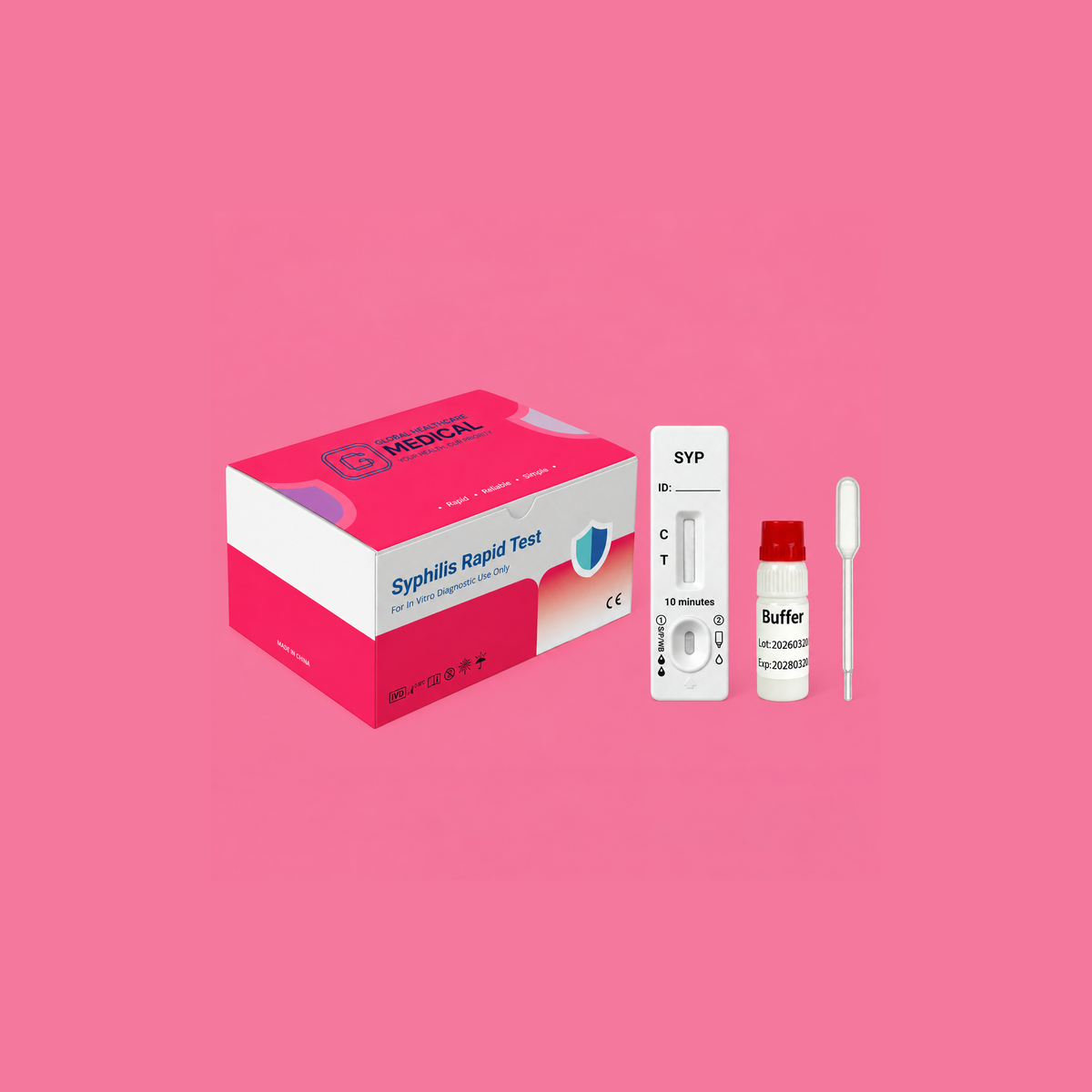 Global Healthcare Medical GHM Syphilis Rapid Test US - Colloidal gold immunochromatography kit for qualitative detection of Treponema pallidum antibodies in whole blood, serum, or plasma specimens with 10-minute results, 99.3% sensitivity and 99.5% specificity, CE marked and ISO 13485 certified for professional point-of-care use