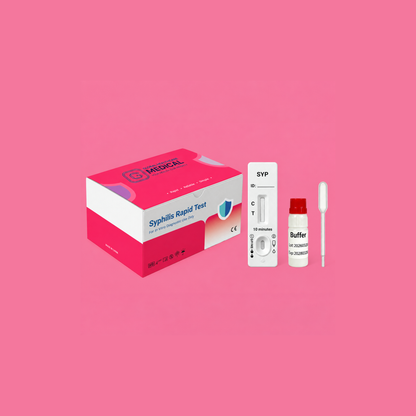 Global Healthcare Medical GHM Syphilis Rapid Test US - Colloidal gold immunochromatography kit for qualitative detection of Treponema pallidum antibodies in whole blood, serum, or plasma specimens with 10-minute results, 99.3% sensitivity and 99.5% specificity, CE marked and ISO 13485 certified for professional point-of-care use