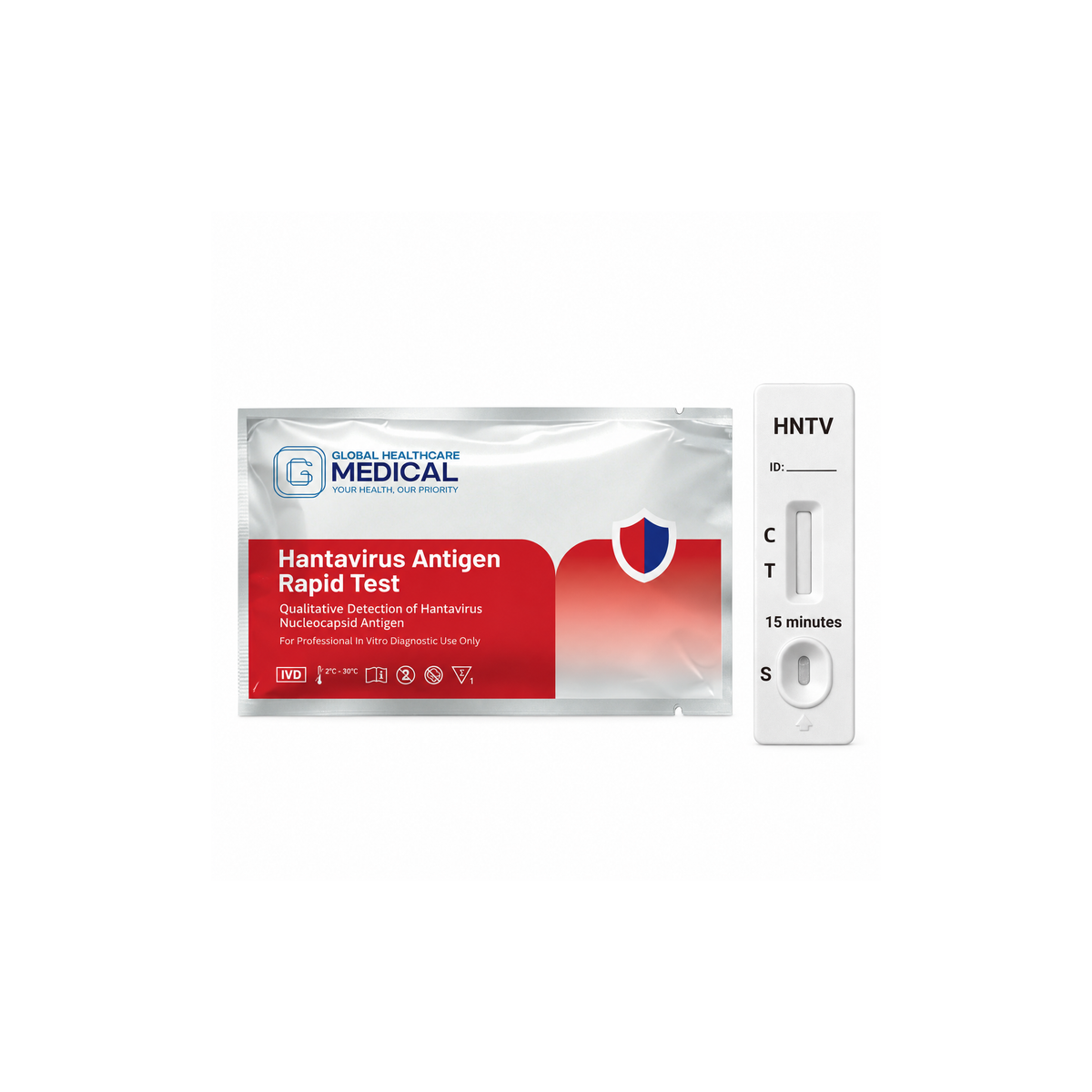 Global Healthcare Medical GHM Hantavirus Antigen Rapid Test US - Colloidal gold immunochromatography kit for qualitative detection of hantavirus nucleocapsid antigen in whole blood, serum, or plasma specimens with 15-minute results, >95% sensitivity and >97% specificity, CE marked and ISO 13485 certified for professional point-of-care use