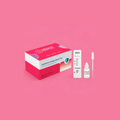 Global Healthcare Medical GHM Hantavirus Antigen Rapid Test US - Colloidal gold immunochromatography kit for qualitative detection of hantavirus nucleocapsid antigen in whole blood, serum, or plasma specimens with 15-minute results, >95% sensitivity and >97% specificity, CE marked and ISO 13485 certified for professional point-of-care use