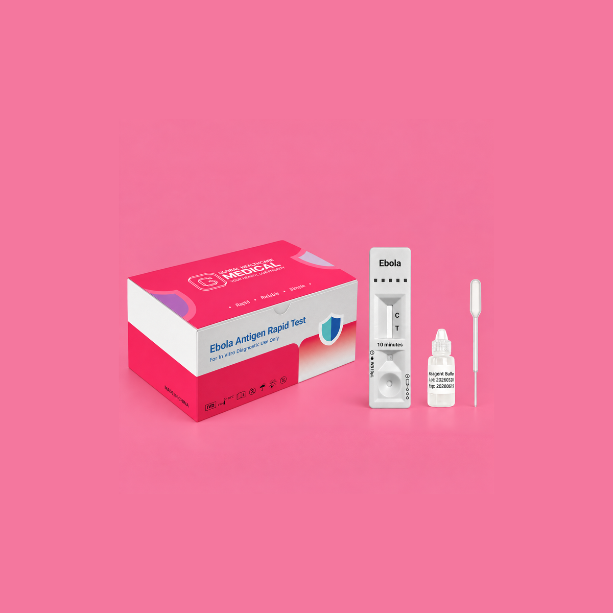 Global Healthcare Medical GHM Ebola Antigen Rapid Test US - Colloidal gold immunochromatography kit for qualitative detection of Ebolavirus antigens in whole blood specimens with 15-minute results, high specificity, CE marked and ISO 13485 certified for professional point-of-care use