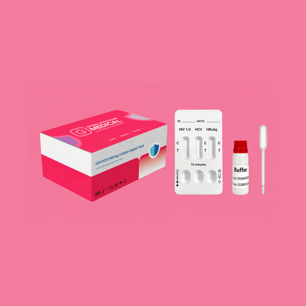 Global Healthcare Medical GHM HIV/HCV/HBsAg Combo Rapid Test US - Colloidal gold immunochromatography kit for qualitative detection of HIV-1/2 antibodies, HCV antibodies, and HBsAg in whole blood, serum, or plasma specimens with 15-minute results, 99.70% sensitivity for HIV, 98.71% sensitivity for HCV, and 98.97% sensitivity for HBsAg, CE marked and ISO 13485 certified for professional point-of-care use