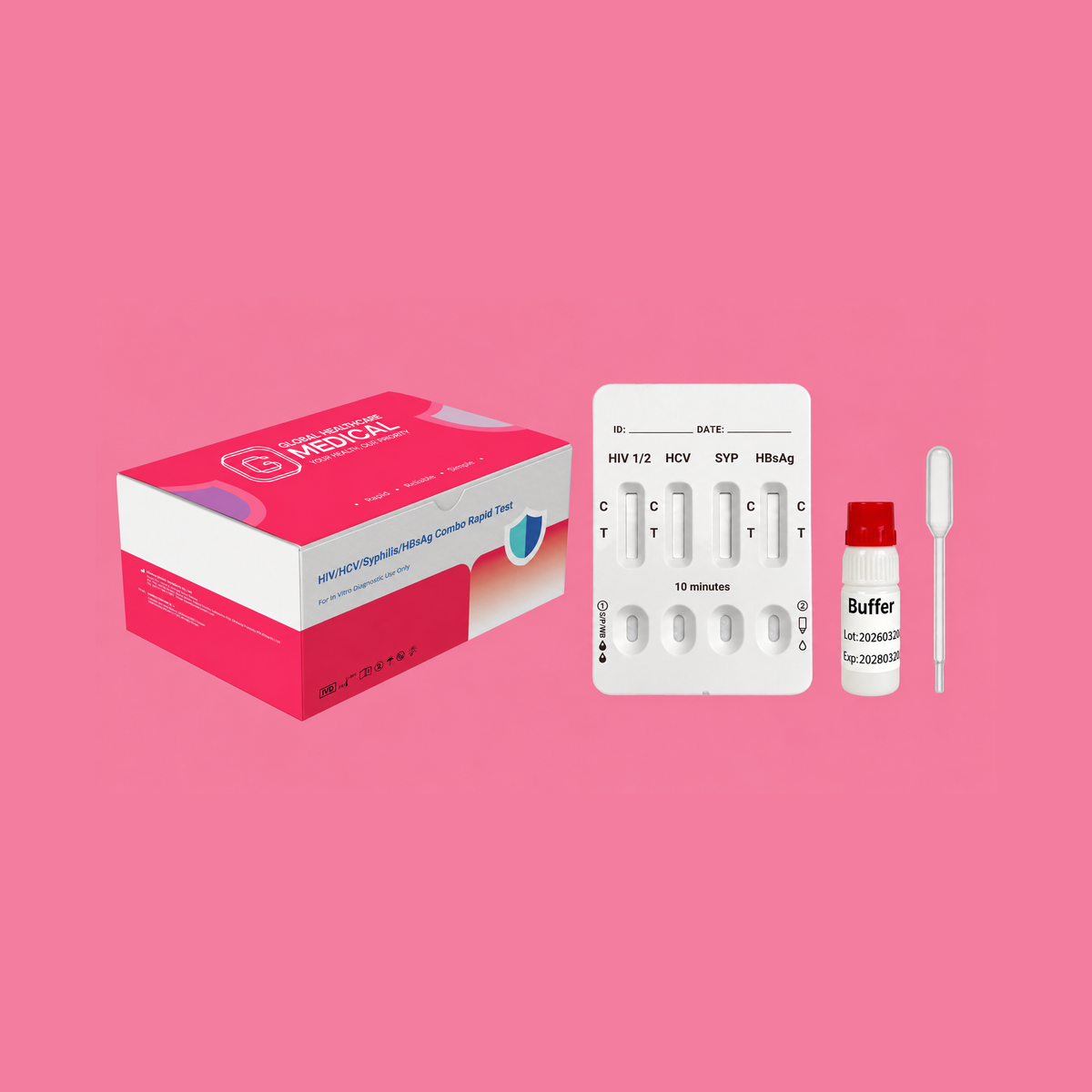 Global Healthcare Medical GHM HIV/HCV/Syphilis/HBsAg Combo Rapid Test US - Colloidal gold immunochromatography kit for qualitative detection of HIV-1/2 antibodies, HCV antibodies, syphilis antibodies, and HBsAg in whole blood, serum, or plasma specimens with 15-minute results, 99.70% sensitivity for HIV, 98.71% sensitivity for HCV, 98.97% sensitivity for HBsAg, and 98.47% sensitivity for syphilis, CE marked and ISO 13485 certified for professional point-of-care use