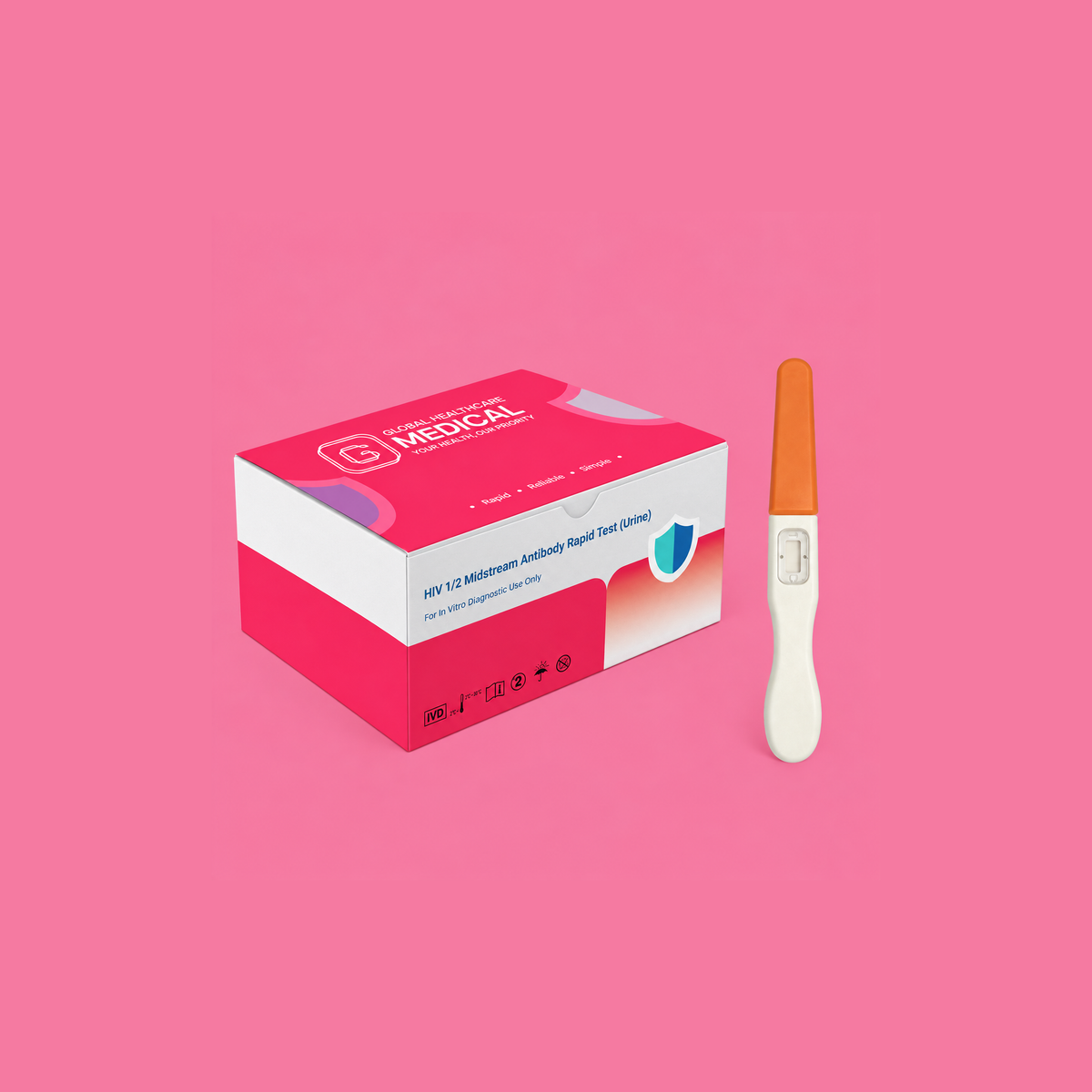 Global Healthcare Medical GHM HIV 1/2 Midstream Antibody Rapid Test (Urine) US - Colloidal gold immunochromatography kit for qualitative detection of HIV-1 and HIV-2 antibodies in midstream urine specimens with 15-minute results, 99.44% sensitivity and 100.00% specificity, CE marked and ISO 13485 certified for professional point-of-care use