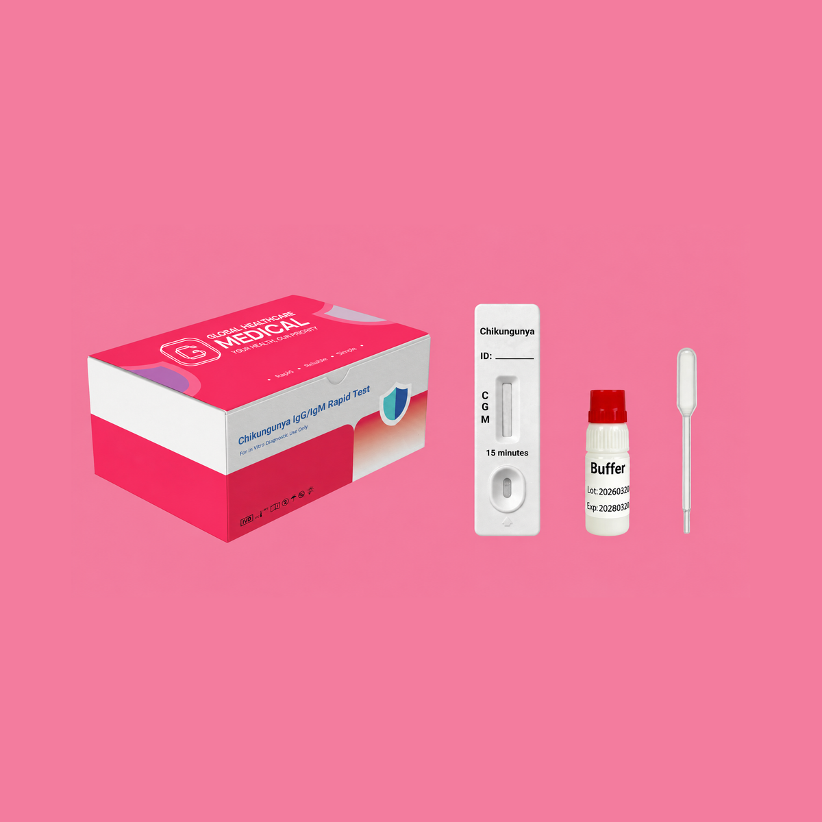 Global Healthcare Medical GHM Chikungunya IgG/IgM Rapid Test US - Colloidal gold immunochromatography kit for qualitative detection and differentiation of chikungunya virus IgG and IgM antibodies in whole blood, serum, or plasma specimens with 15-minute results, 96.9% sensitivity and 98.6% specificity, CE marked and ISO 13485 certified for professional point-of-care use