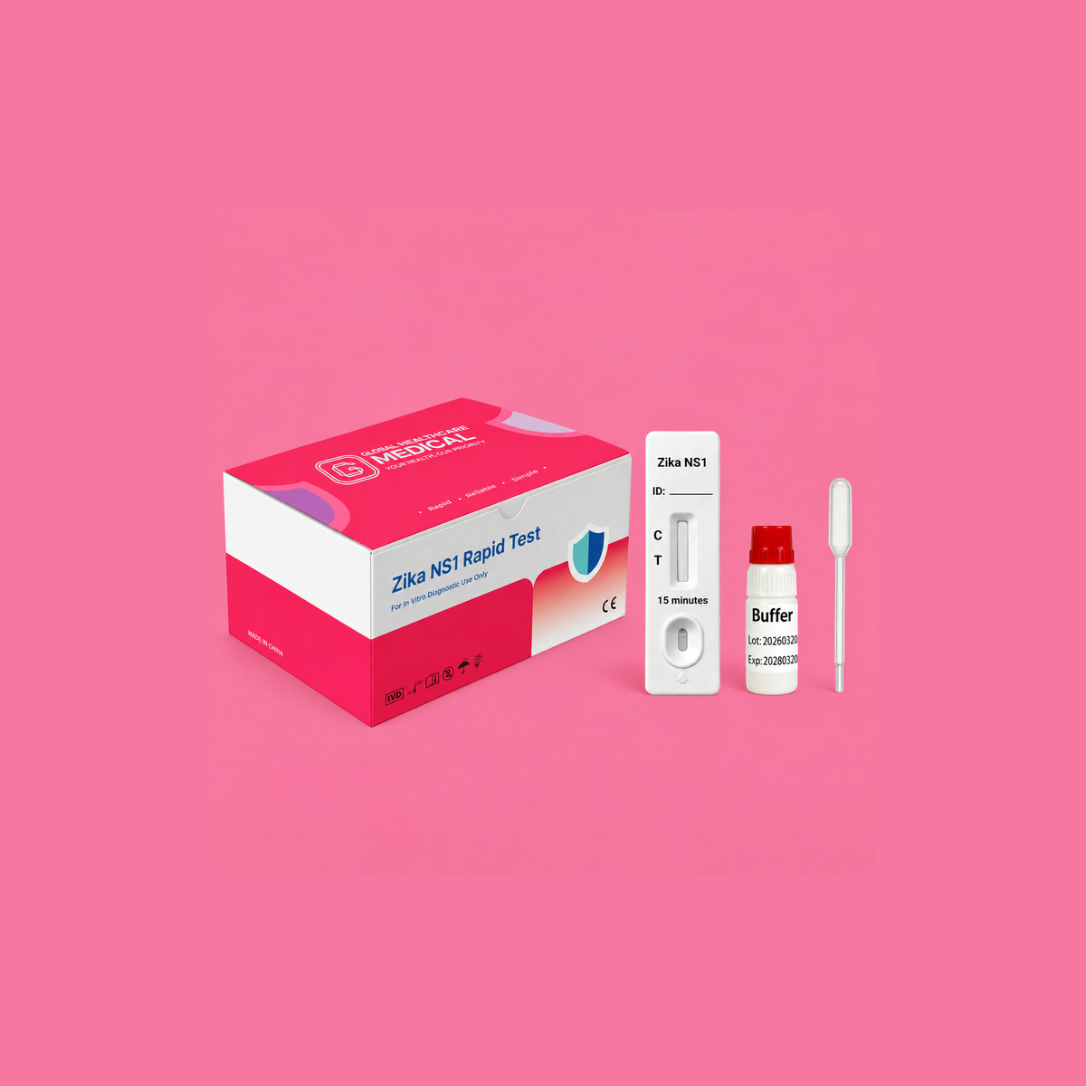 Global Healthcare Medical GHM Zika NS1 Antigen Rapid Test US - Colloidal gold immunochromatography kit for qualitative detection of Zika virus NS1 antigen in whole blood, serum, or plasma specimens with 15-minute results, 80.0% sensitivity and 94.0% specificity, CE marked and ISO 13485 certified for professional point-of-care use