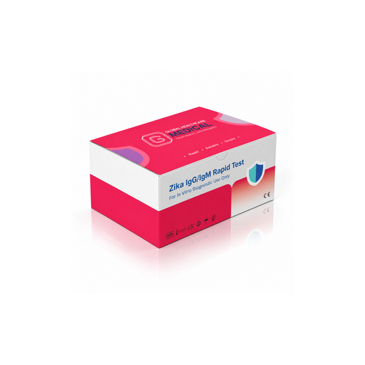 Global Healthcare Medical GHM Zika IgG/IgM Rapid Test US - Colloidal gold immunochromatography kit for qualitative detection and differentiation of Zika virus IgG and IgM antibodies in whole blood, serum, or plasma specimens with 15-minute results, >99.9% sensitivity for IgG and 94.4% sensitivity for IgM, CE marked and ISO 13485 certified for professional point-of-care use