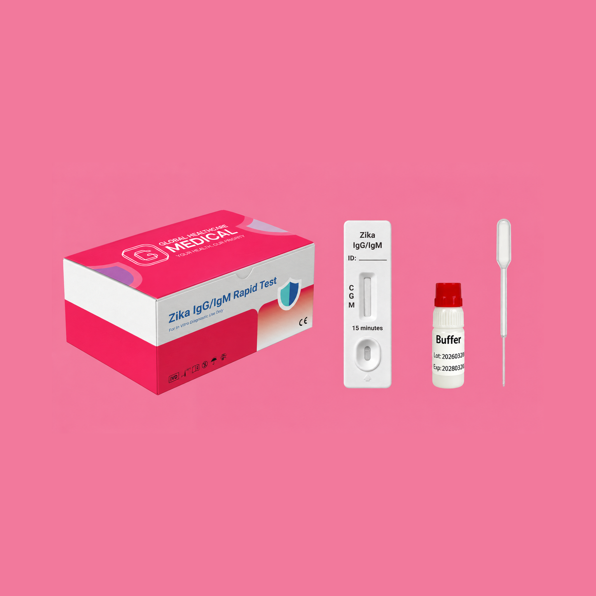 Global Healthcare Medical GHM Zika IgG/IgM Rapid Test US - Colloidal gold immunochromatography kit for qualitative detection and differentiation of Zika virus IgG and IgM antibodies in whole blood, serum, or plasma specimens with 15-minute results, >99.9% sensitivity for IgG and 94.4% sensitivity for IgM, CE marked and ISO 13485 certified for professional point-of-care use