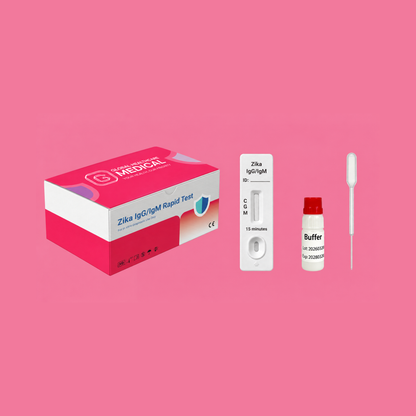 Global Healthcare Medical GHM Zika IgG/IgM Rapid Test US - Colloidal gold immunochromatography kit for qualitative detection and differentiation of Zika virus IgG and IgM antibodies in whole blood, serum, or plasma specimens with 15-minute results, >99.9% sensitivity for IgG and 94.4% sensitivity for IgM, CE marked and ISO 13485 certified for professional point-of-care use