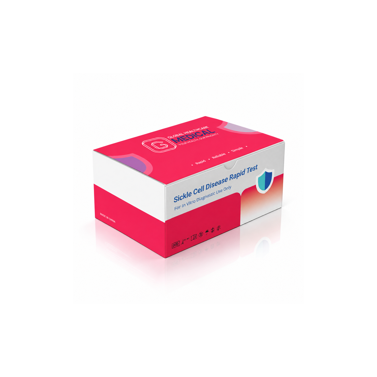 Global Healthcare Medical GHM Sickle Cell Disease Rapid Test US - Colloidal gold immunochromatography kit for qualitative detection and differentiation of hemoglobin A, S, and C in whole blood specimens with 15-minute results, 99.67% sensitivity for HbA, 97.66% sensitivity for HbS, and 99% sensitivity for HbC, CE marked and ISO 13485 certified for professional point-of-care use
