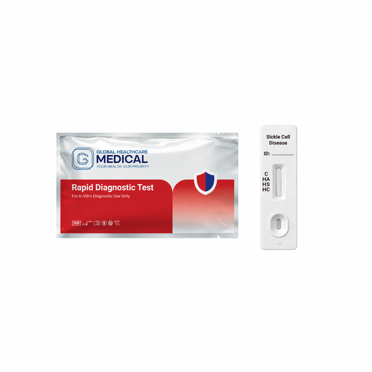 Global Healthcare Medical GHM Sickle Cell Disease Rapid Test US - Colloidal gold immunochromatography kit for qualitative detection and differentiation of hemoglobin A, S, and C in whole blood specimens with 15-minute results, 99.67% sensitivity for HbA, 97.66% sensitivity for HbS, and 99% sensitivity for HbC, CE marked and ISO 13485 certified for professional point-of-care use